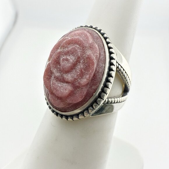 Carolyn Pollack Ring Pink Rose Floral Flower Rhodonite Carved 6 Sterling Silver - Picture 1 of 9